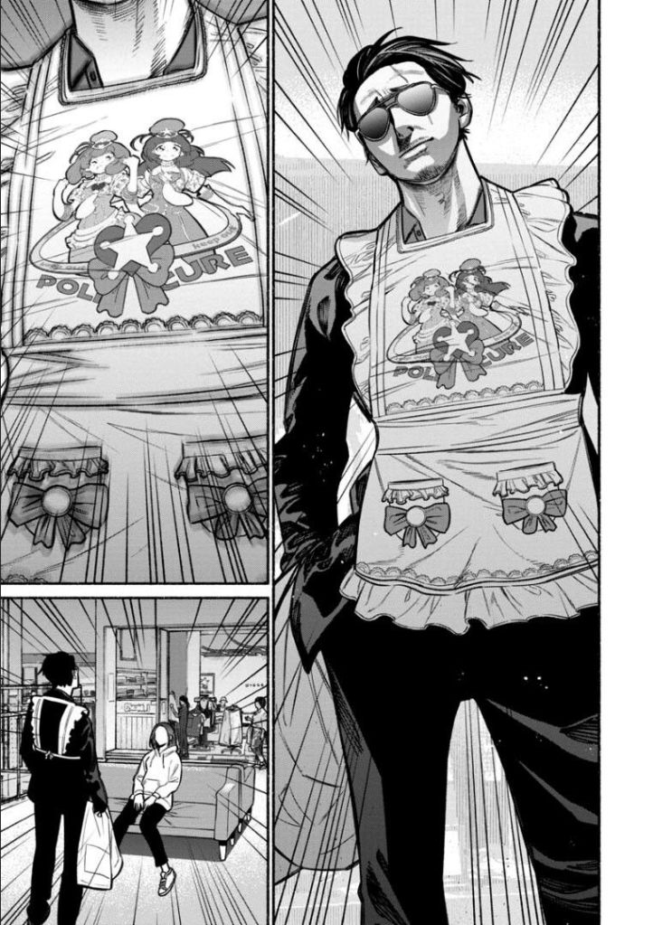 A still from the original manga, The Way fo the Househusband. In these panels we get to see Tasu is his full thrilly apron, complete with pockets and bows. He's wearing sunglasses and knows he looks incredible. Speed lines surround him, giving the impression that he's radiating effortlessly cool energy.