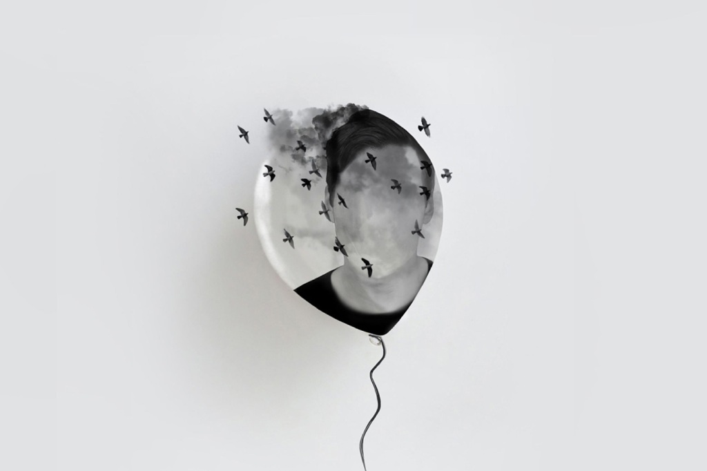 The image sits in the middle of a light grey background. The image is a collage of pictures representing the sky, with a man's blurred out face in the very centre. A balloon is floating upwards. A flock of birds flies across it. Cloud poke through the top.