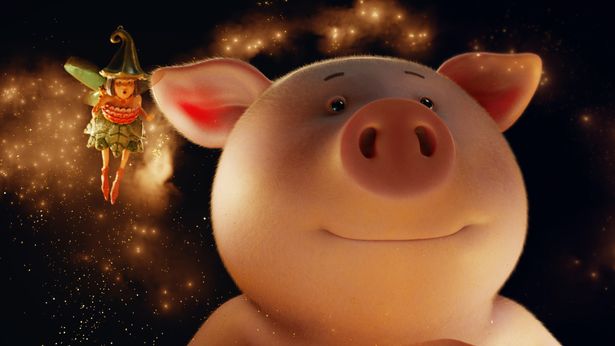 A close up image of an animated Percy pig. Percy looks wistfully into the middle distance. Behind Percy is a floating Christmas fairy, scattering gold sparkles behind him. 