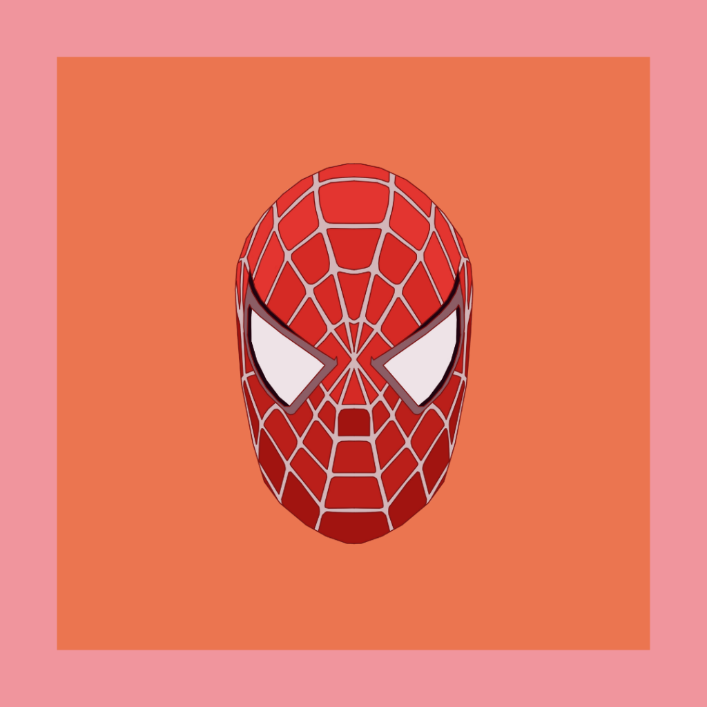 The spiderman mask is central with an orange background. It had big white eyes and a web design. The image has a rrramble pink border. 