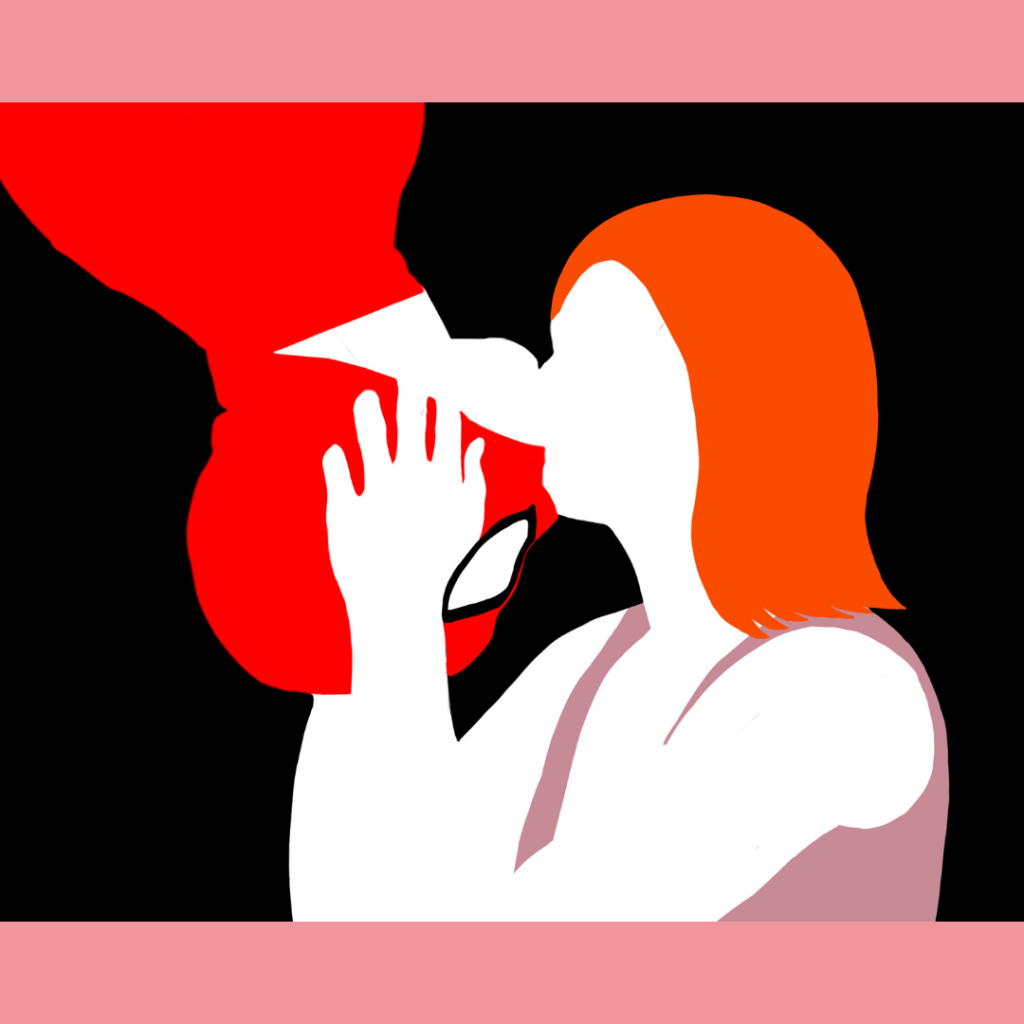 A graphic of the famous upside-down kiss from the Spider-Man film, in a simple colour block style. It is red, black and white, with some rrramble pink. 