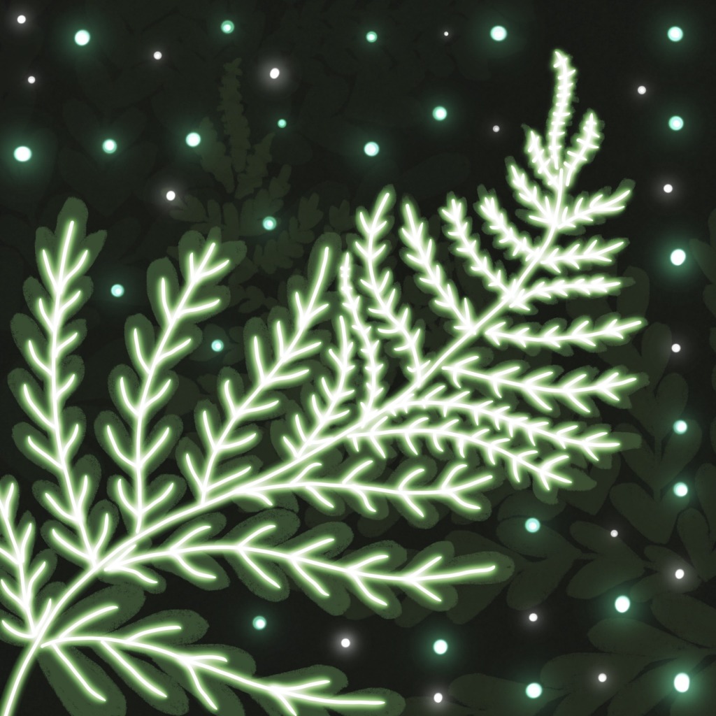 A neon illustration of a fern in different green tones. There are other neon dust motes floating in the background. 