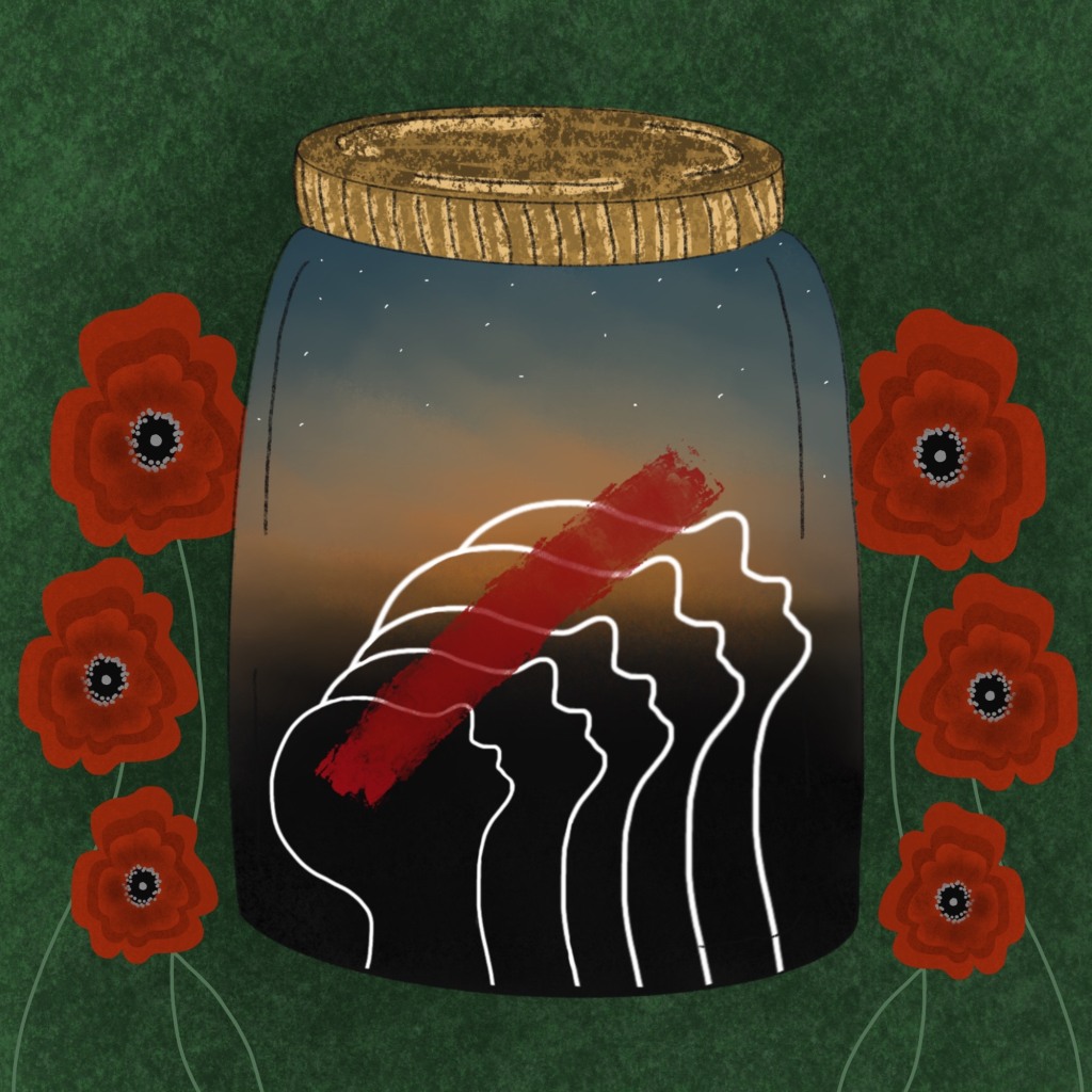 A stylised illustration of a jar, flanked by red poppies on either side. Inside the drawing of the jar, there are a series of white outlines of abstract side profiled heads. Across all of the heads is a stroke of red paint. A mystical image.