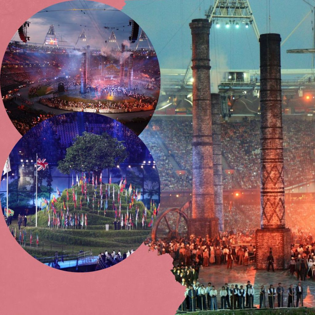 Multiple images from the London 2012 Olympic Opening Ceremony. On the right, a large image of huge chimneys surrounded by people below. In the background, you can see a packed stadium. To the left, a distant picture of the packed stadiums and chimneys smoking. Below, an image of a green hill with a tree at the top. The hill is covered in flags from countries participating.